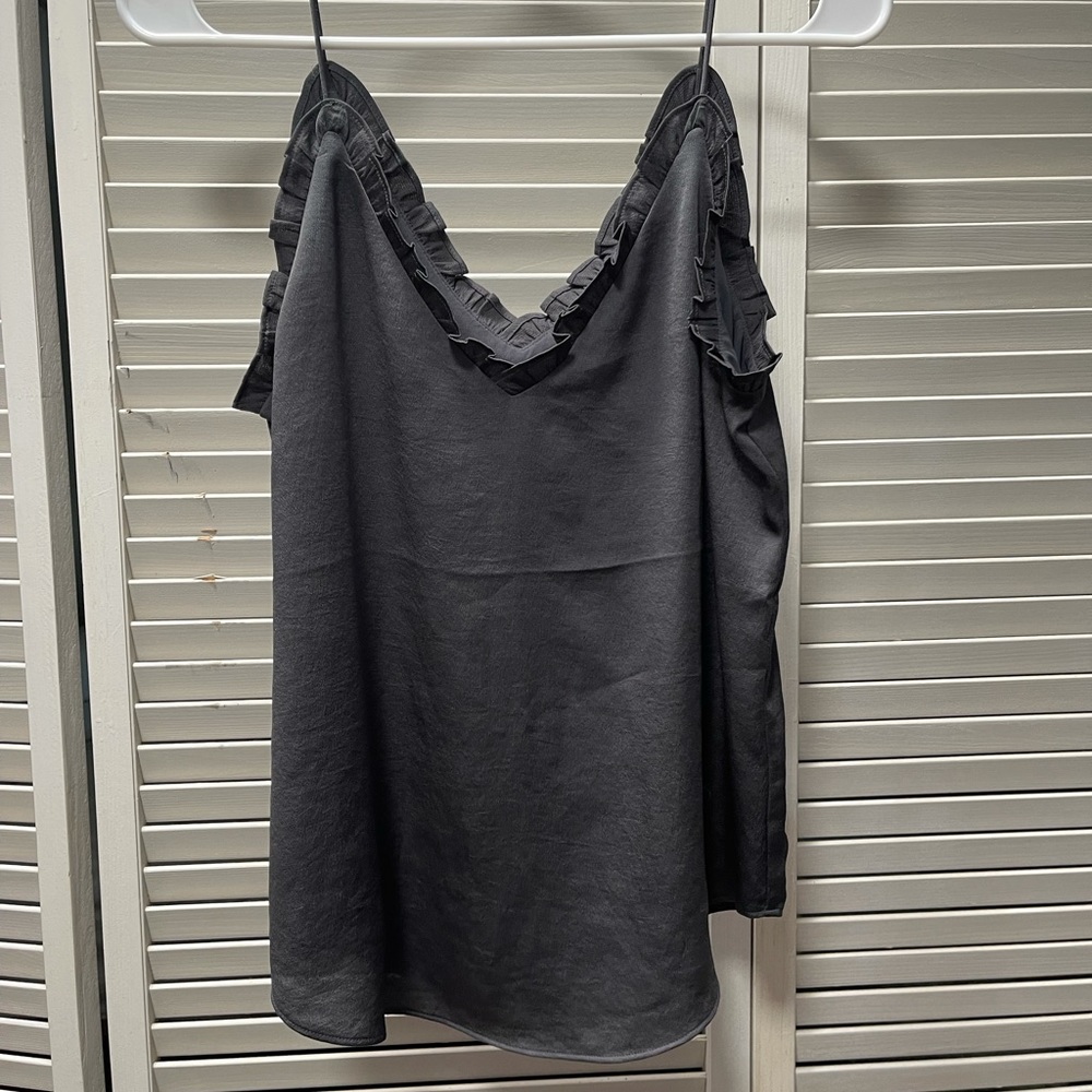 Frill edge gray satin tank top
